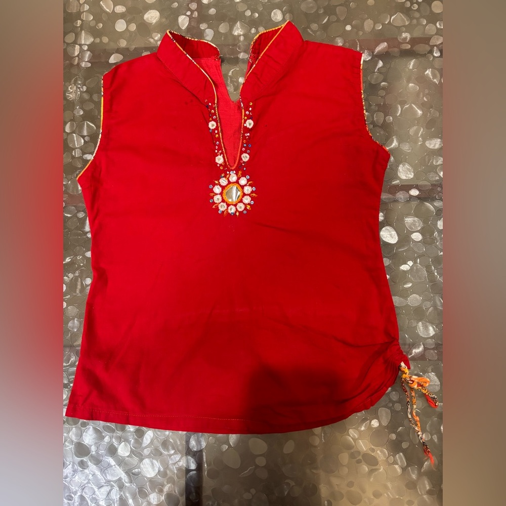 Red Sleeveless Girl’s Size(S) Top, Handmade, Soft Cotton EYECATCHING Embroidery